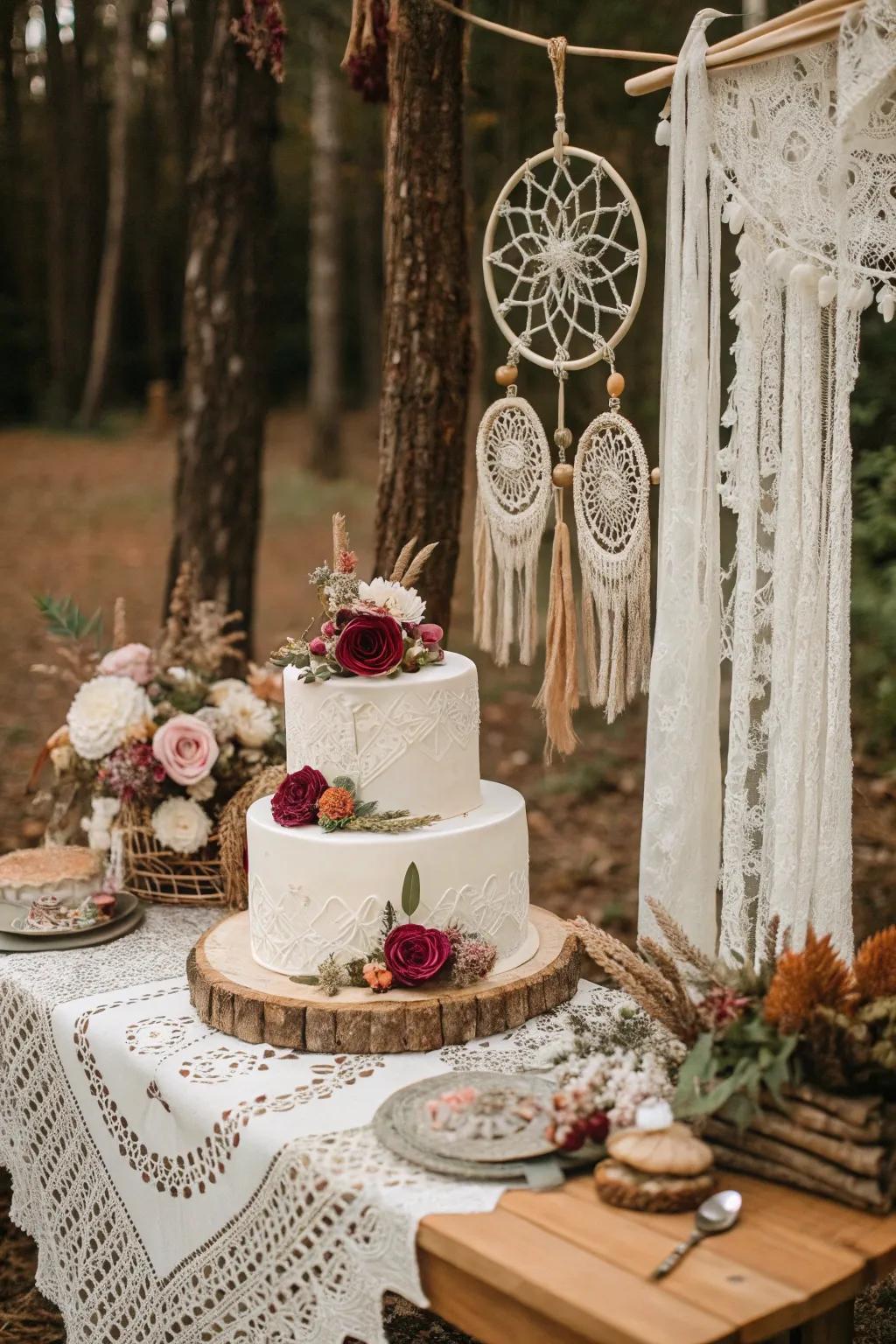 Free-spirited elements setting a relaxed vibe for the wedding cake display.