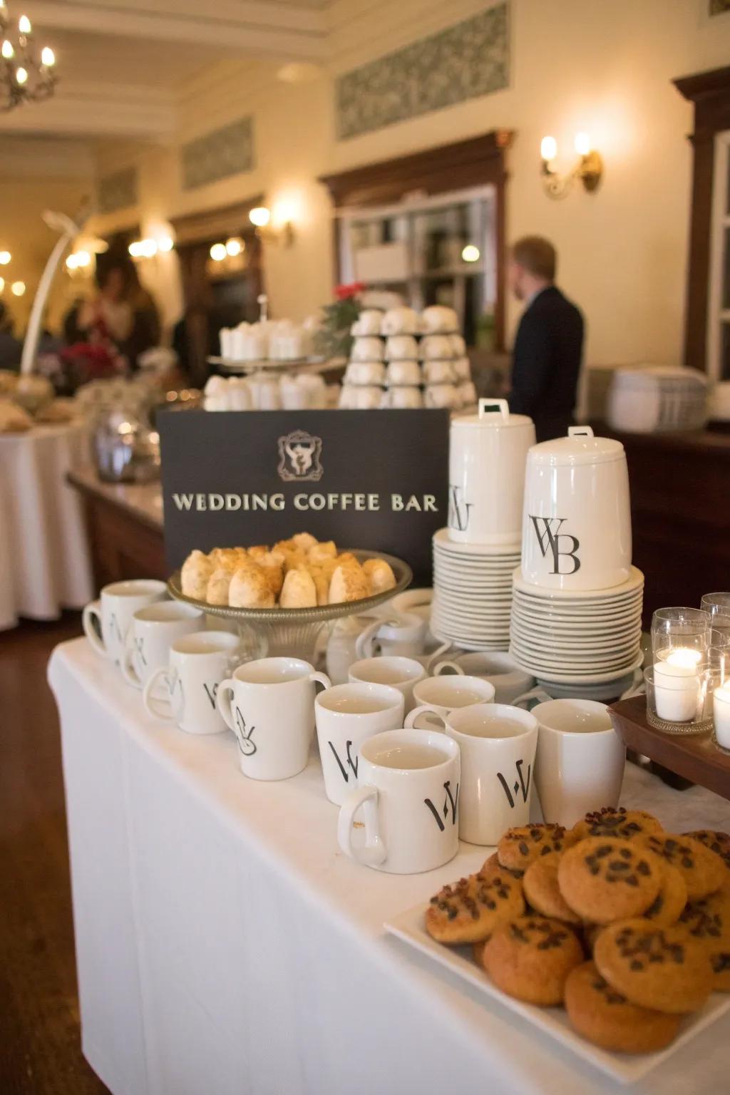Name cups for guests at a wedding coffee bar.