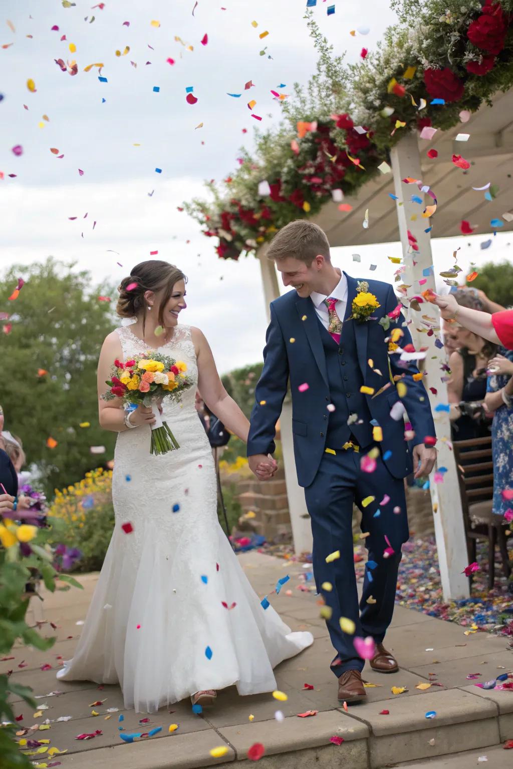 A confetti cannon creates a festive entrance for the newlyweds.