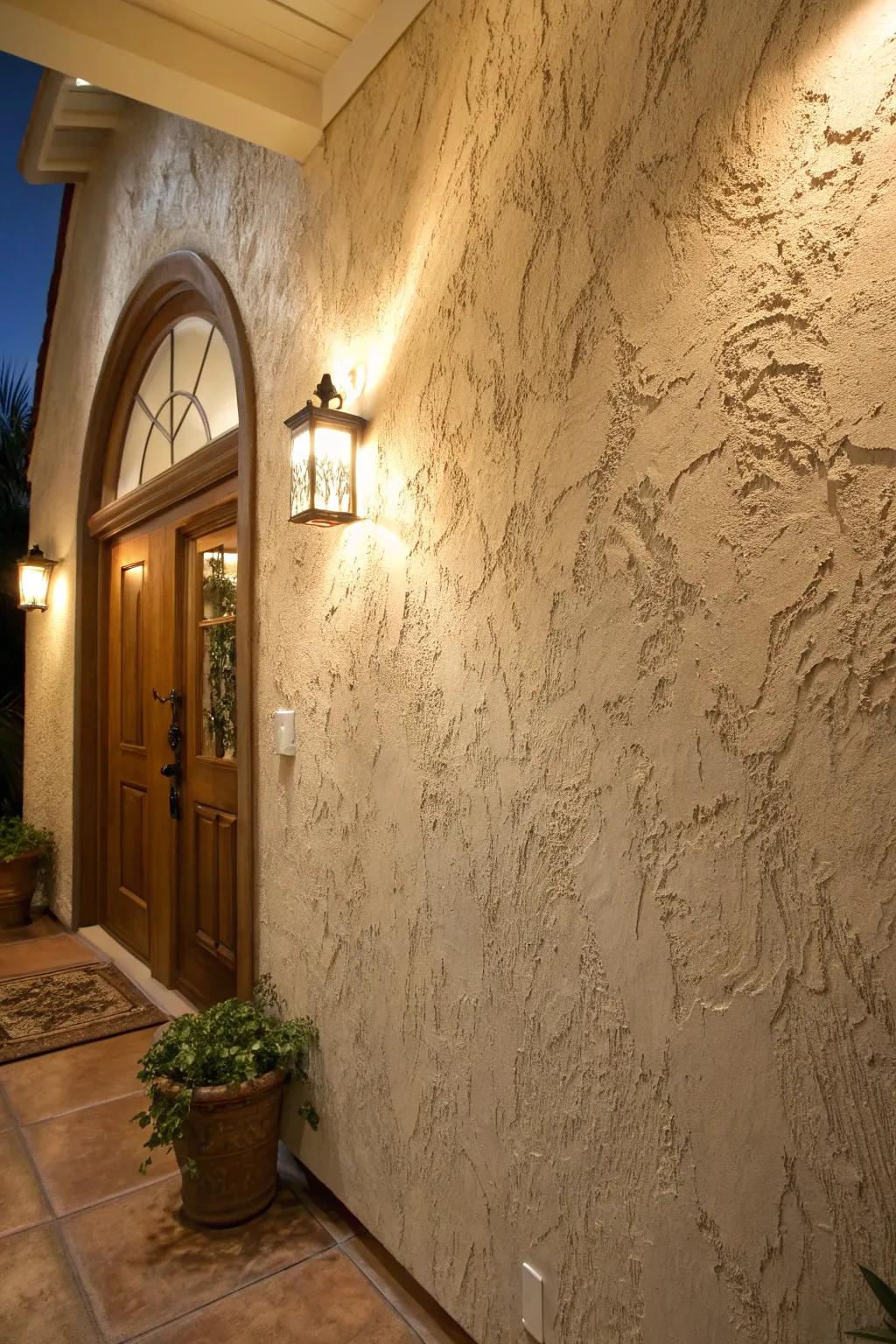 Modeled wall finish adding rustic dimension to an entryway.