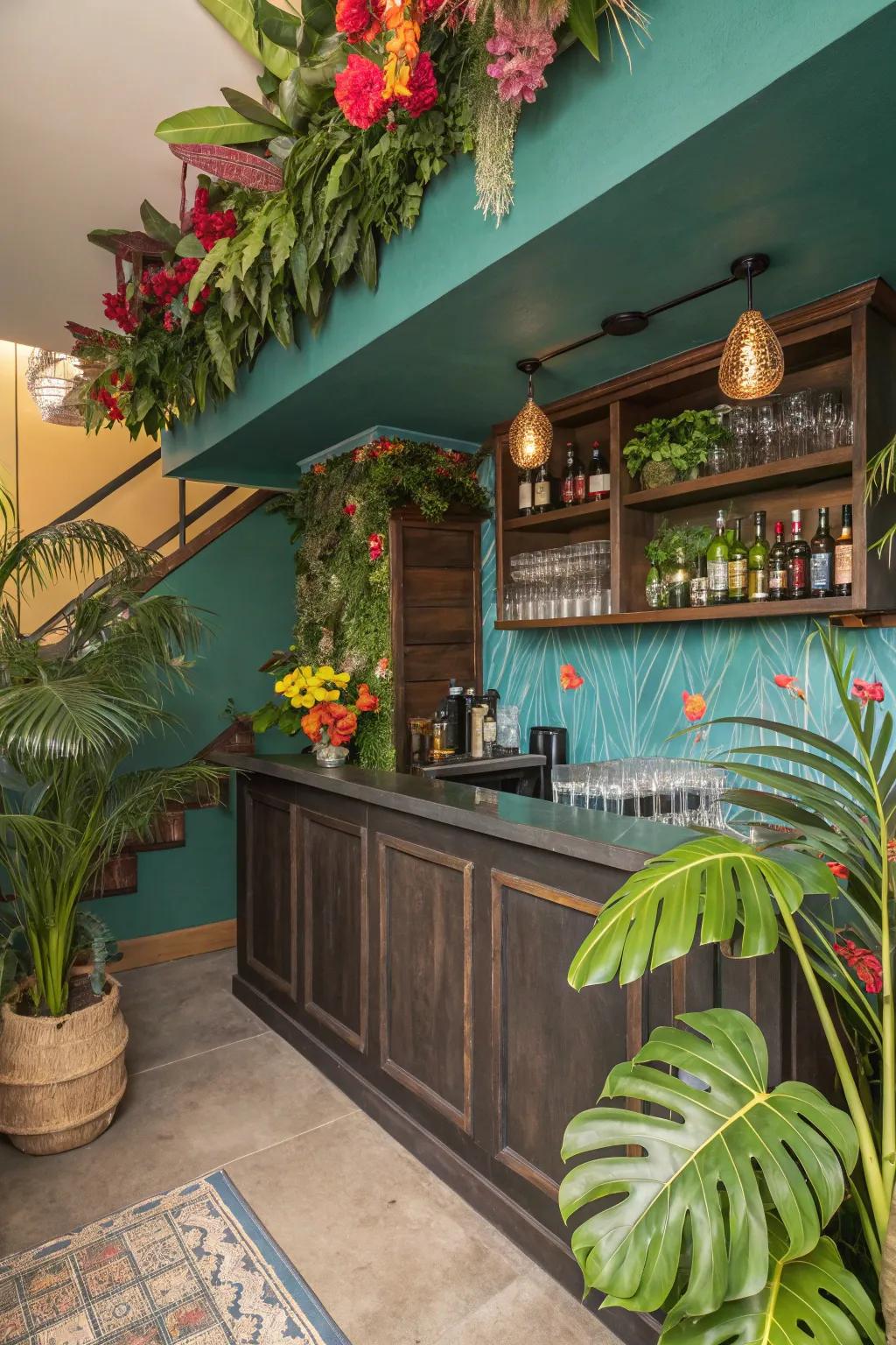 Tropical elements bring a lively and refreshing vibe to your basement wet bar.