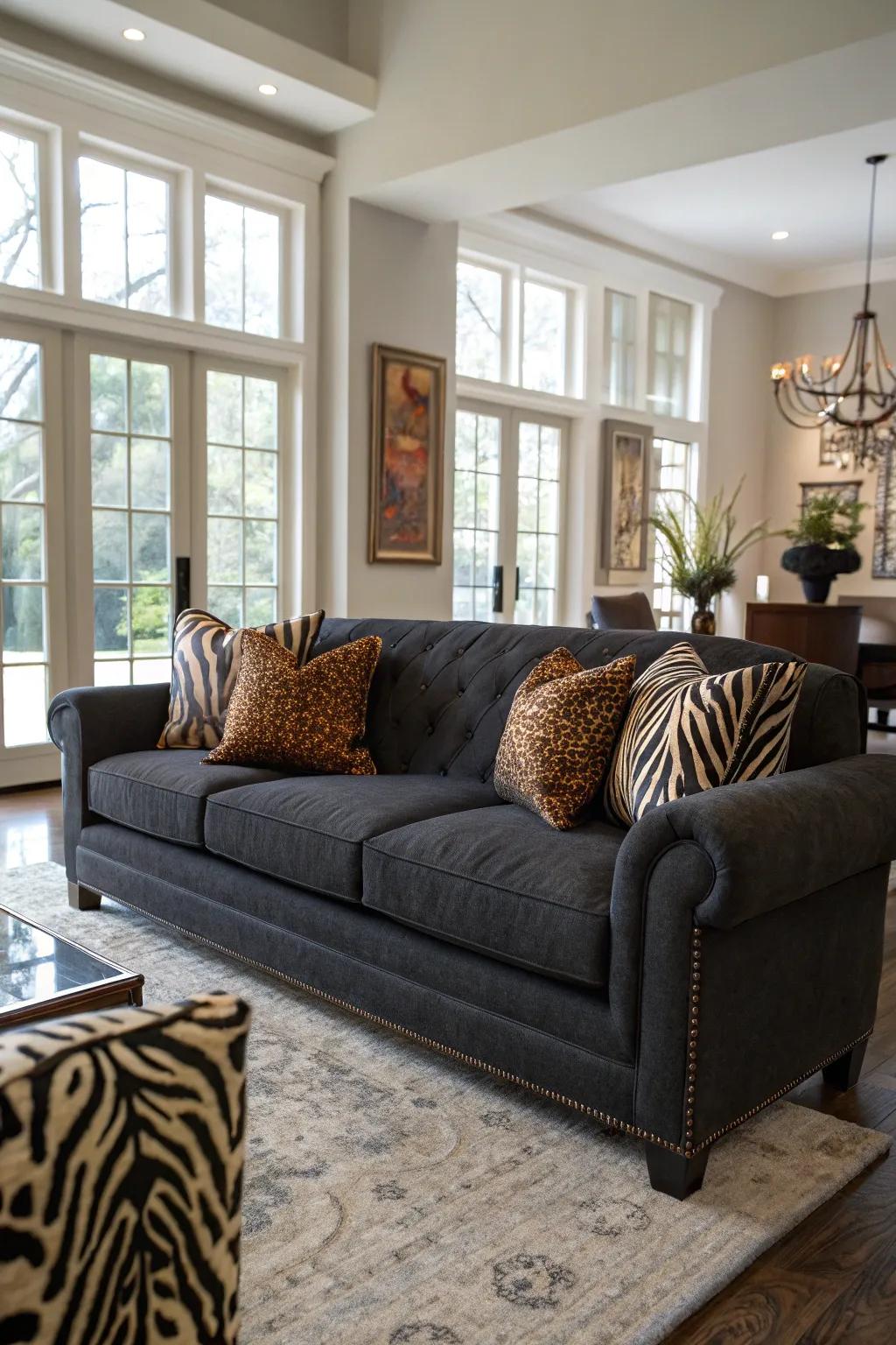 Animal print pillows introduce a daring edge to the dark grey couch.