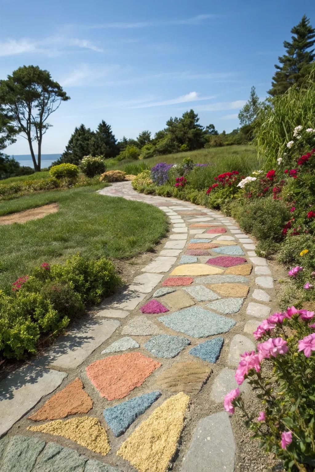 Hued sand injects a playful and artistic accent into flagstone paths.