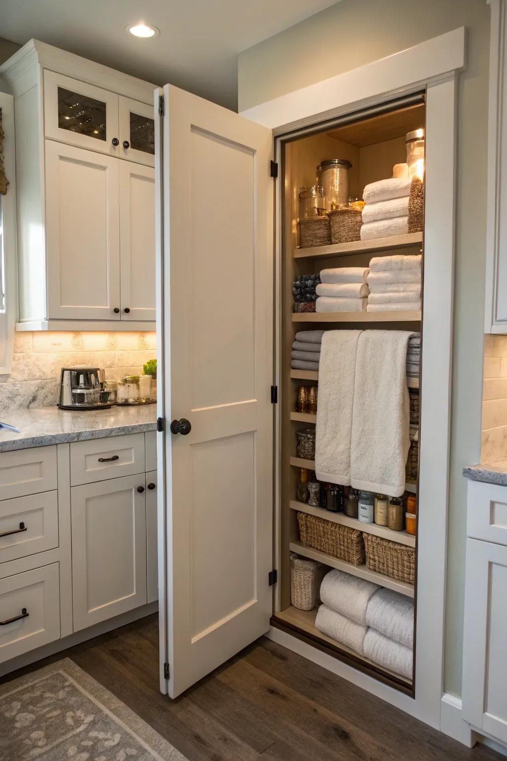 Store towels inside the pantry door for a hidden and arranged solution.
