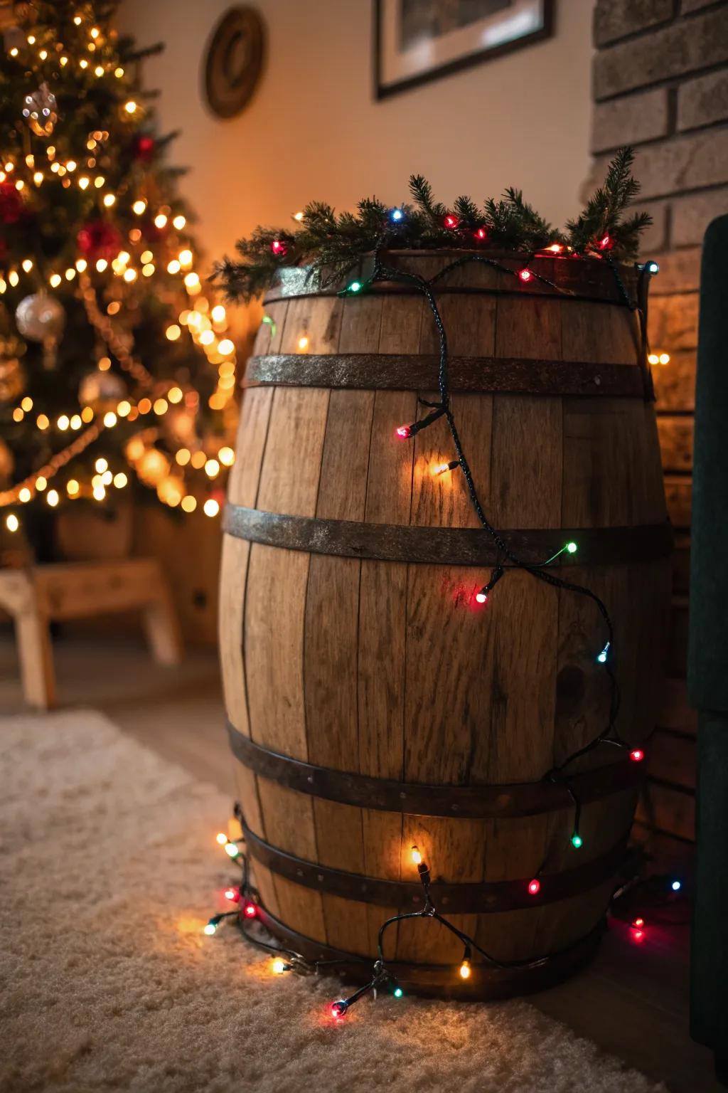 A holiday-themed refurbished cask spreading festive cheer with lights.