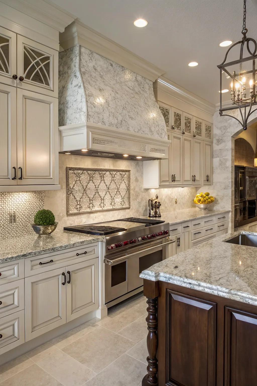 Metallic veins include a feeling of luxury to some white ice granite kitchen.