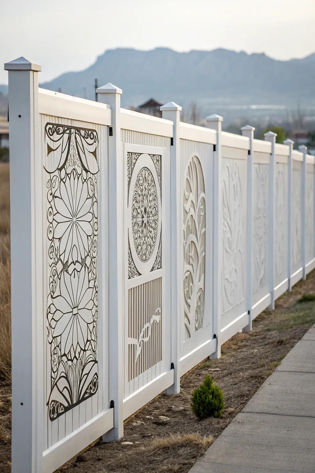 Artistic panels add a unique and creative touch to a white fence.