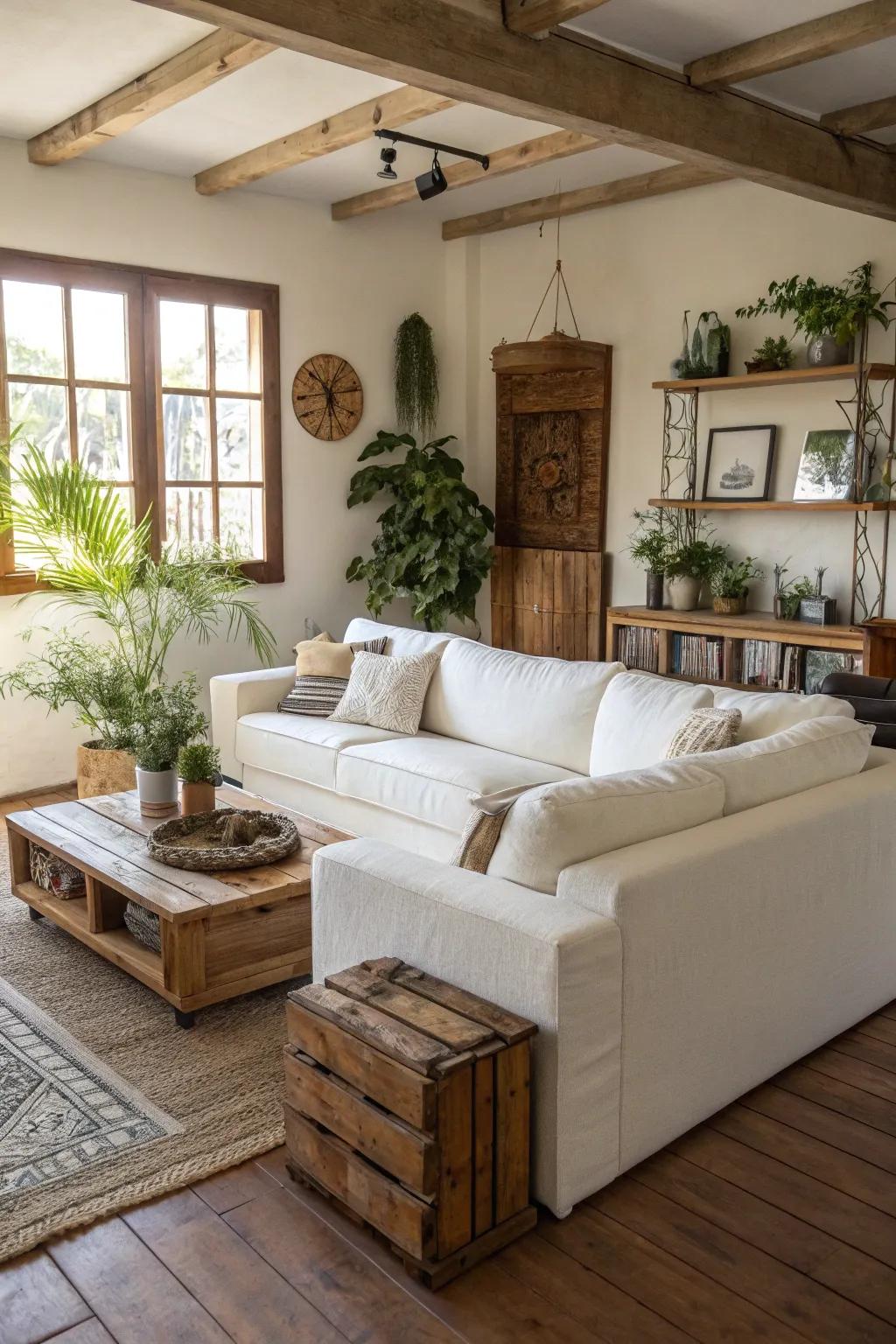 Eco-friendly elements bring character to a living space featuring a white modular sofa.