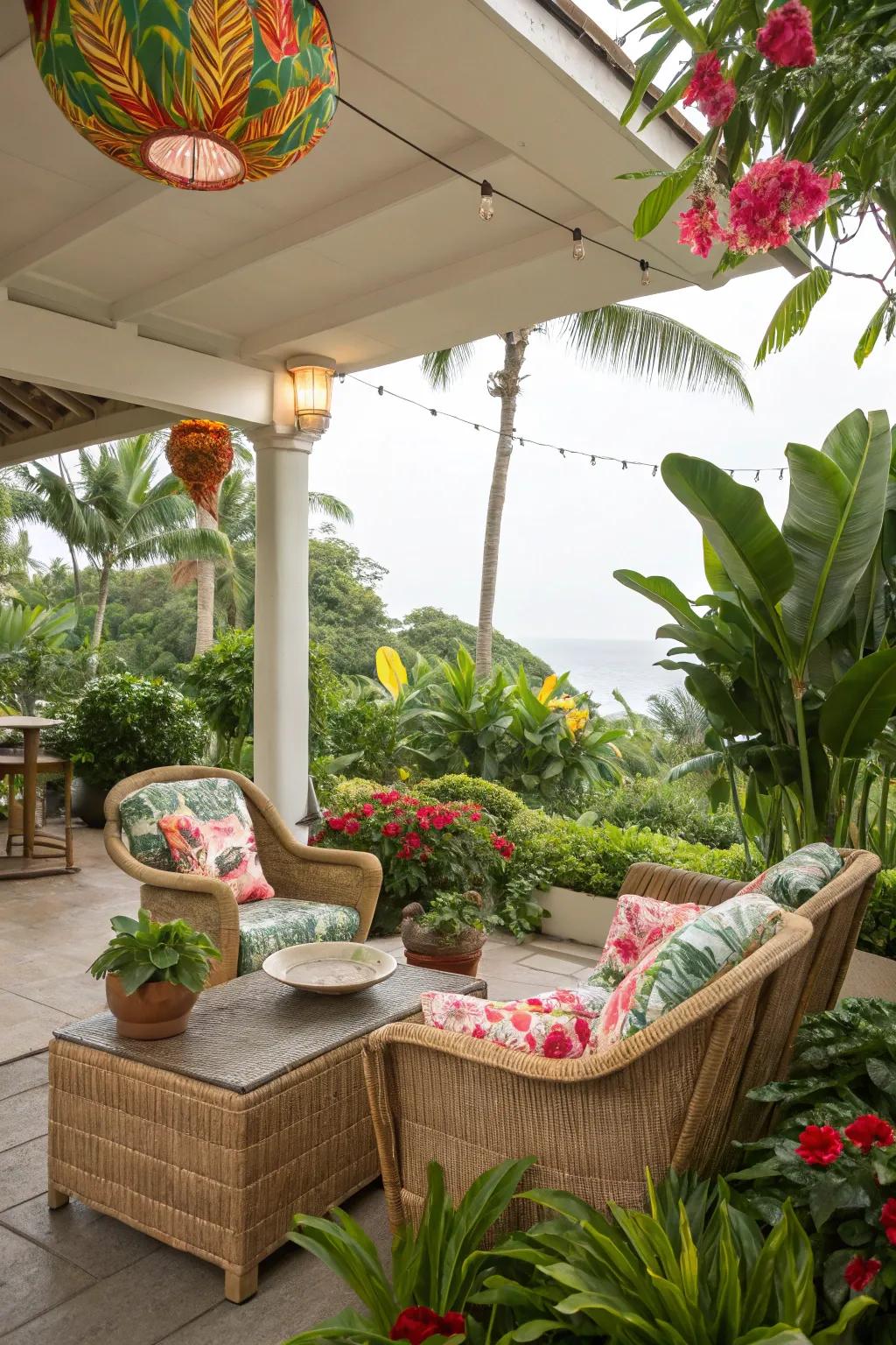 Escape to a tropical paradise with vibrant wicker patio design.