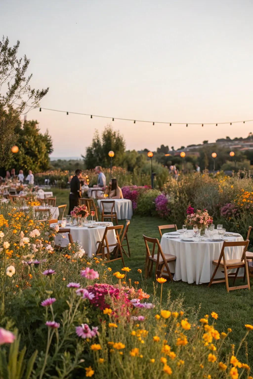 A vibrant garden celebration encircled by the beauty of wildflowers.
