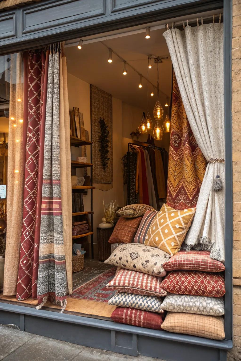 Layered textiles add depth and warmth to this window display.