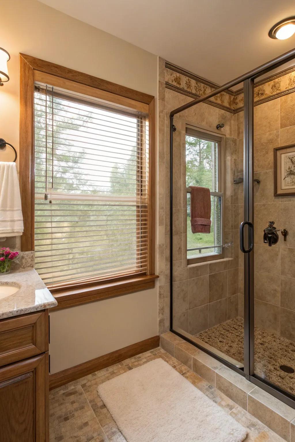 Interior awnings deliver adjustable light and privacy for the shower window.