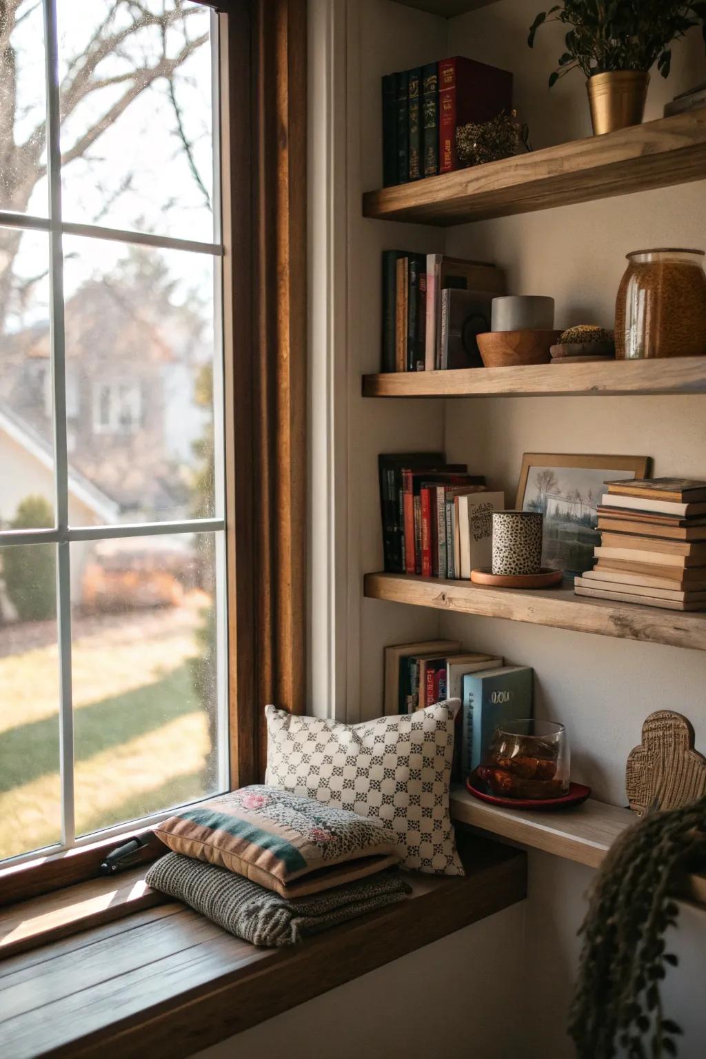 Floating shelves add style to your window nook.