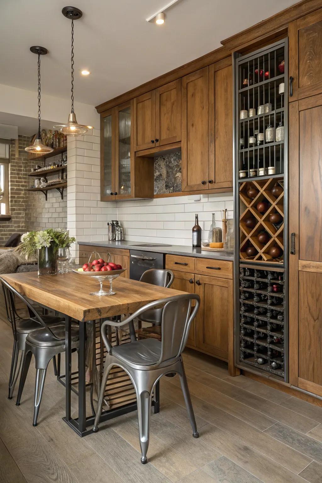 An eclectic mix of materials adds texture to bottle storage.
