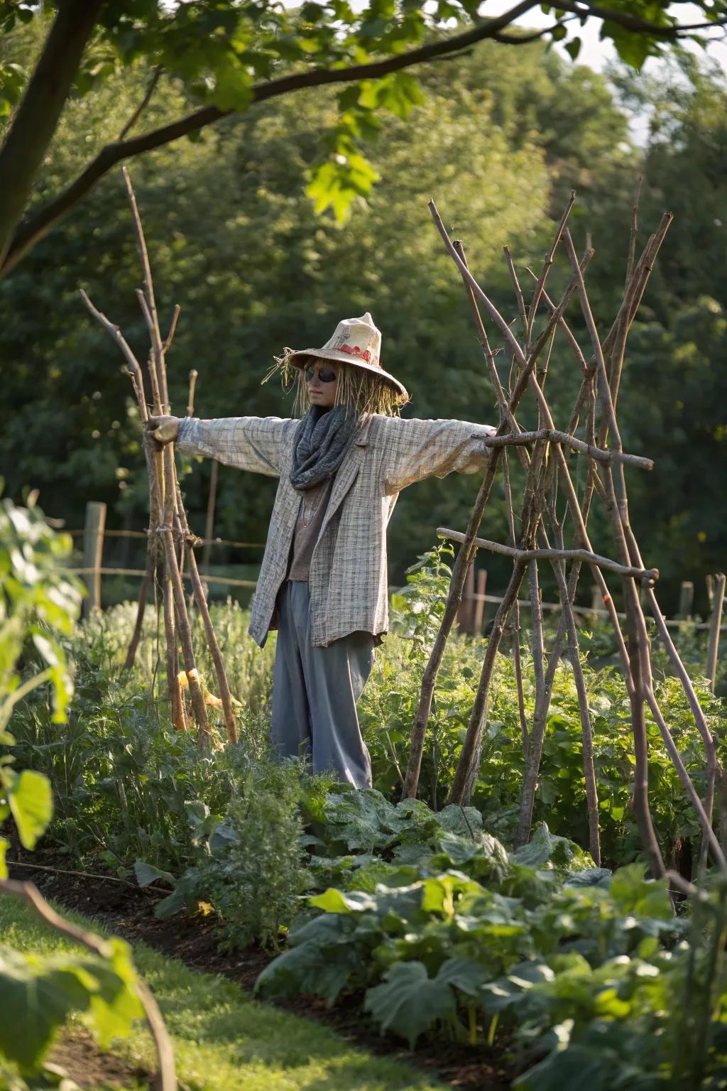 A nature lover scarecrow blending with the environment.
