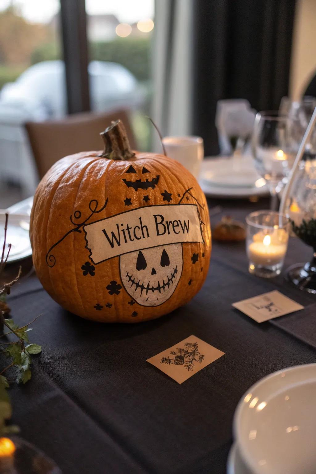 Pumpkin bedecked with creative witch's brew markers.