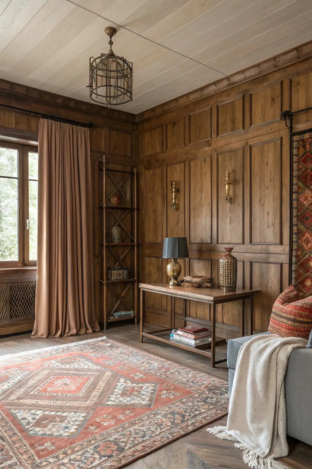 Combining textures with wood paneling creates depth and interest.