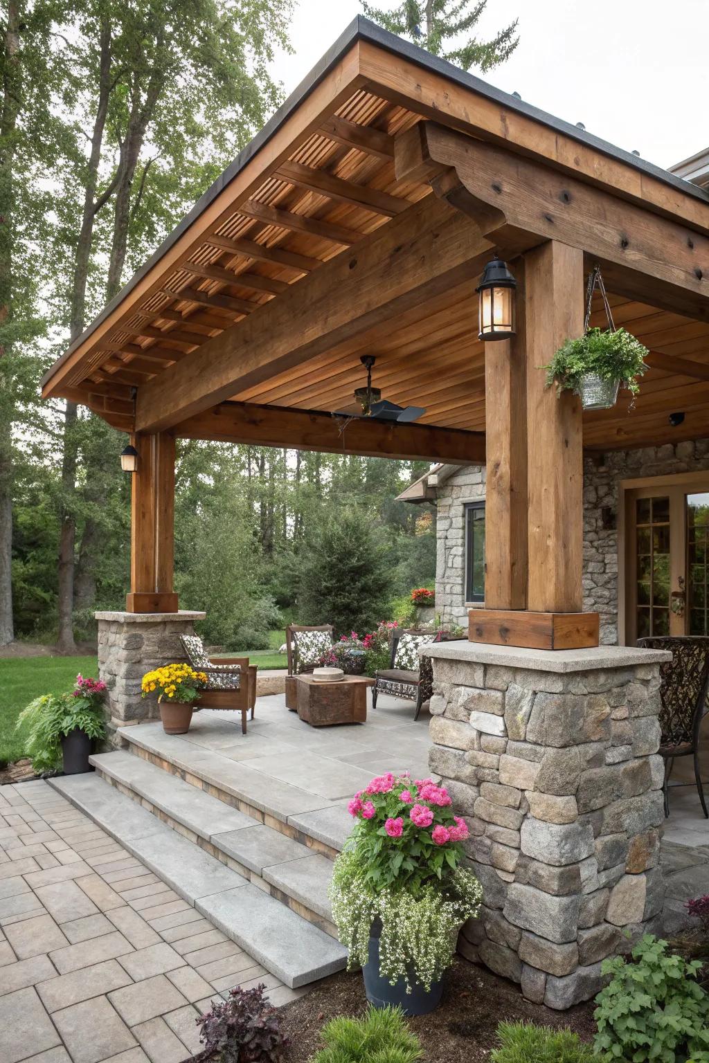 A rugged patio shelter merging stone and timber.