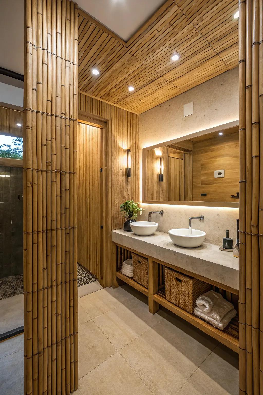 Eco-friendly elegance with bamboo wood walls.