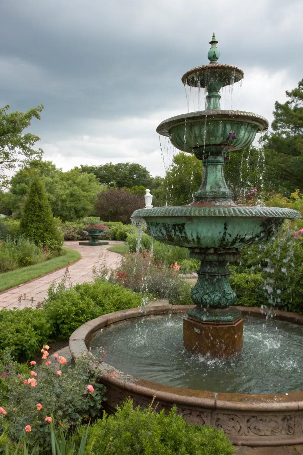 A copper cascade fountain bringing warmth and elegance to the garden.
