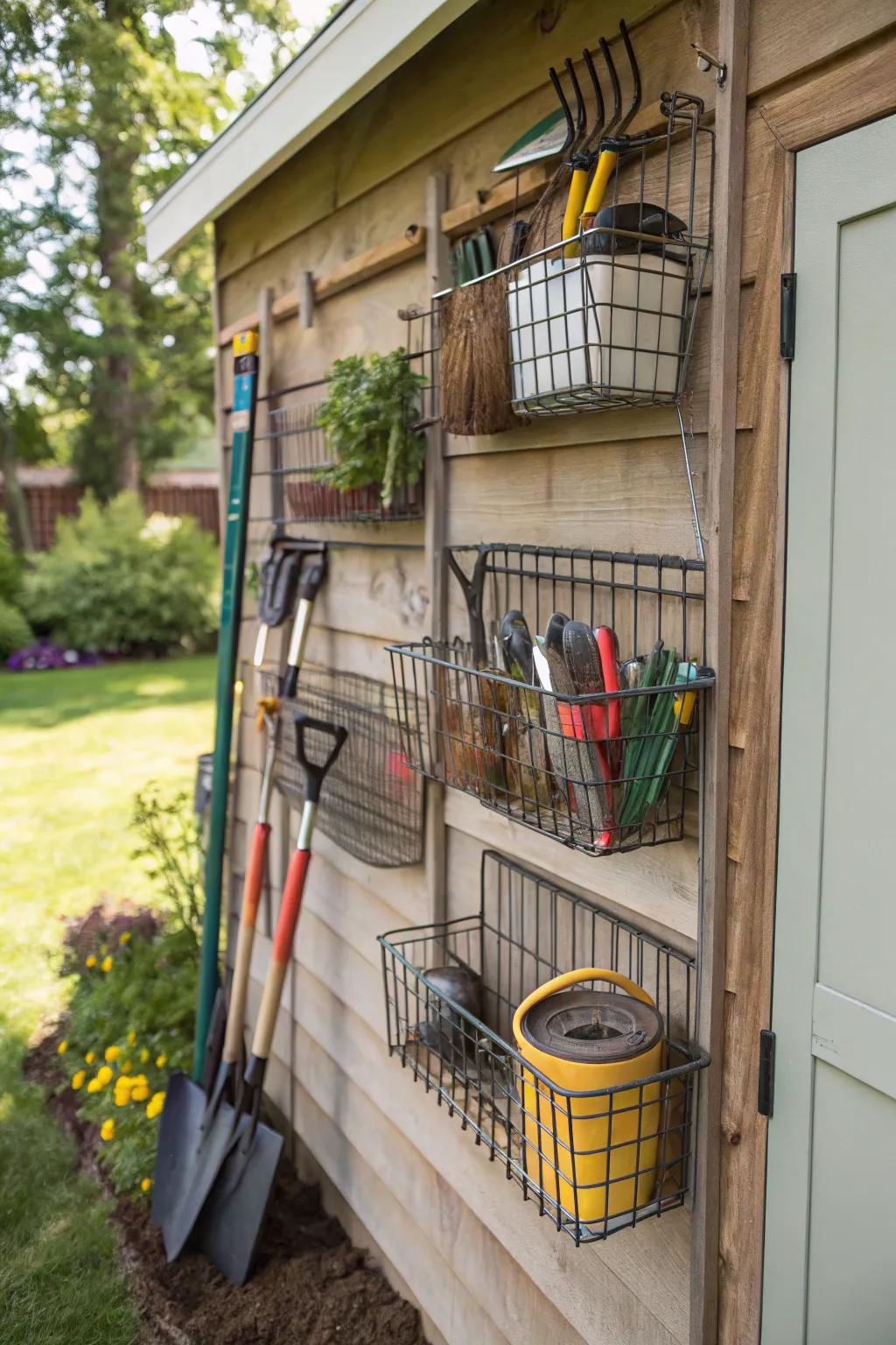 Hanging wire containers offer accessible and effective organization.