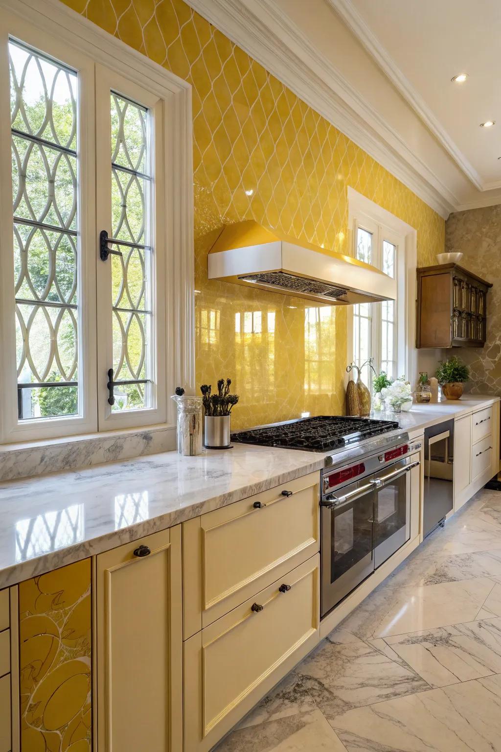 Marble countertops add elegance to the goldenrod backsplash.