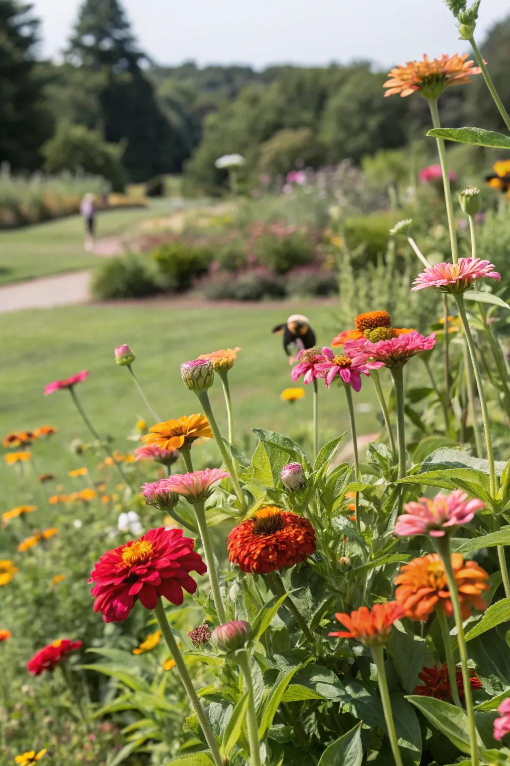 A bustling wildlife preserve showcasing zinnias and indigenous flora.