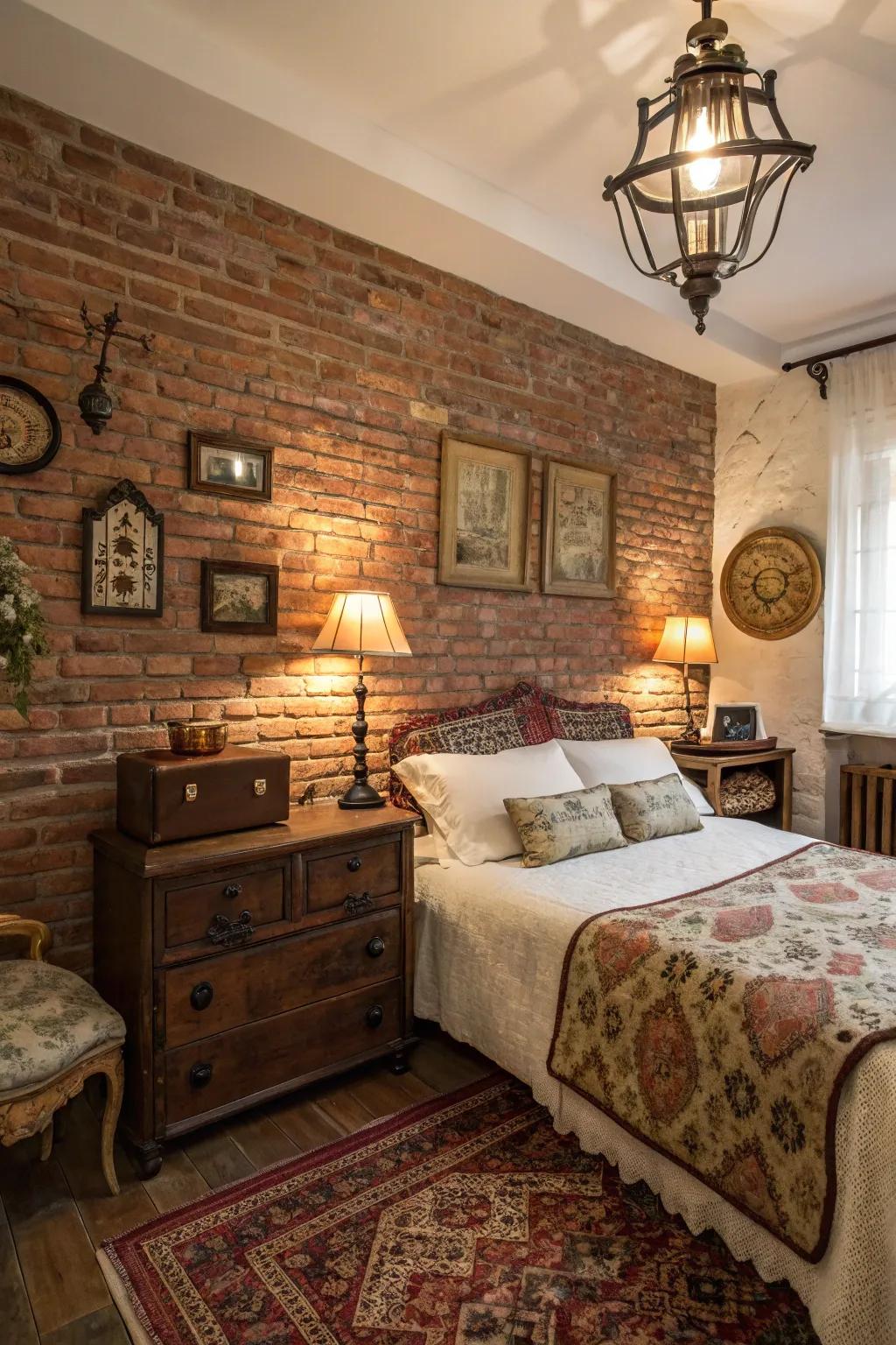 A brick accent wall adds vintage charm and warmth to the bedroom.