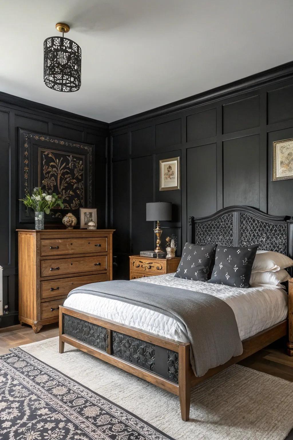 A black bedroom uniting modern and traditional design features for a personalized look.