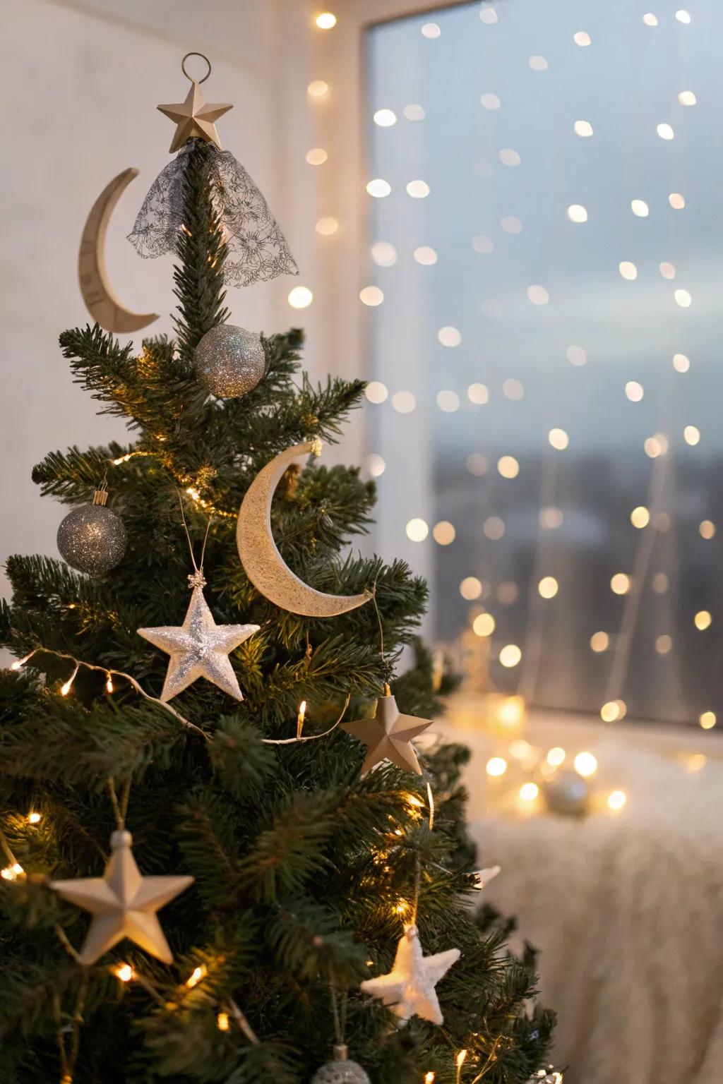 A celestial Christmas tree decorated with star and moon ornaments.
