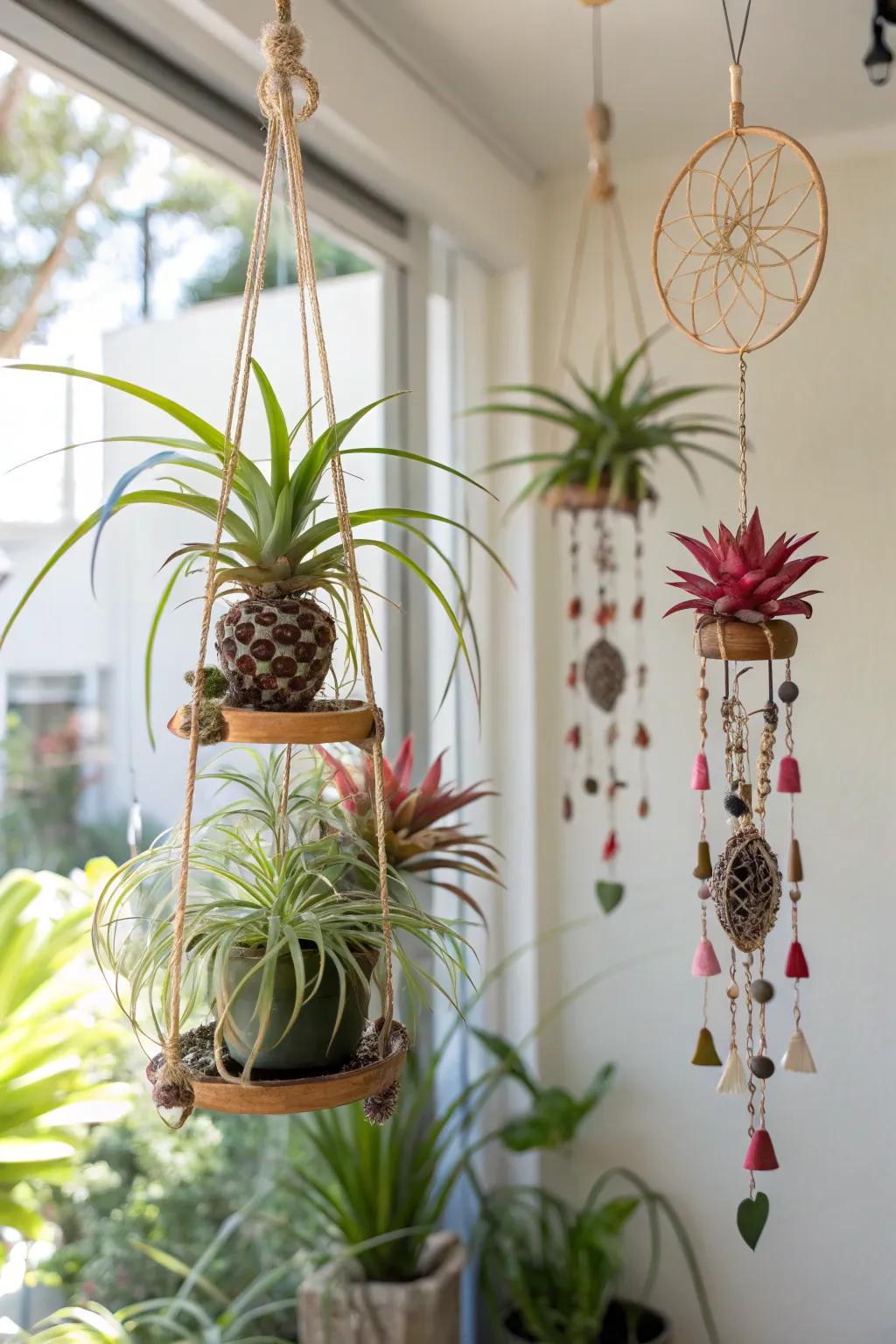 A whimsical air plant mobile adding a touch of movement to the space.