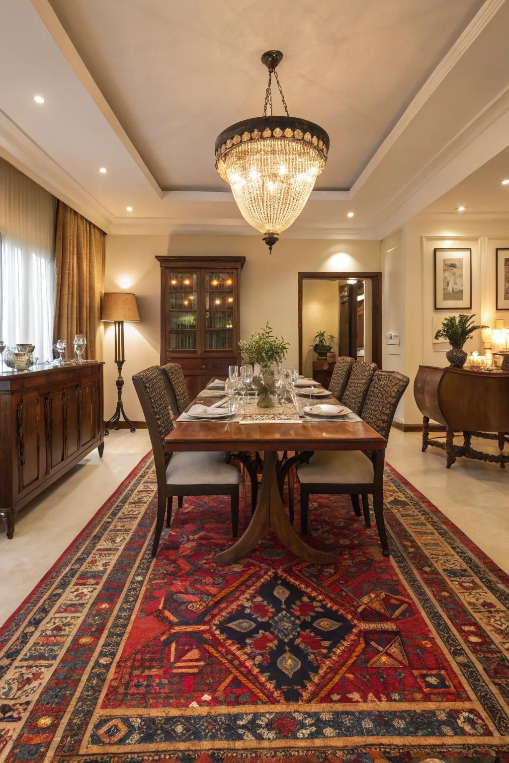 Statement rugs anchor the space.