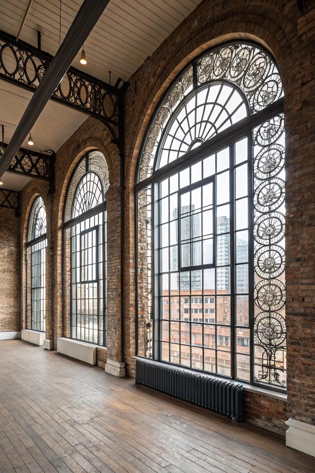 A stylish industrial loft featuring creative metal craft on arched windows.