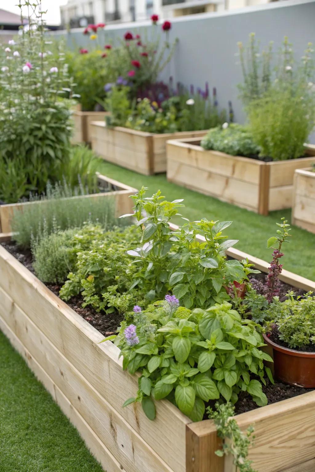 A lush herb garden encompassed by vibrant imitation turf.