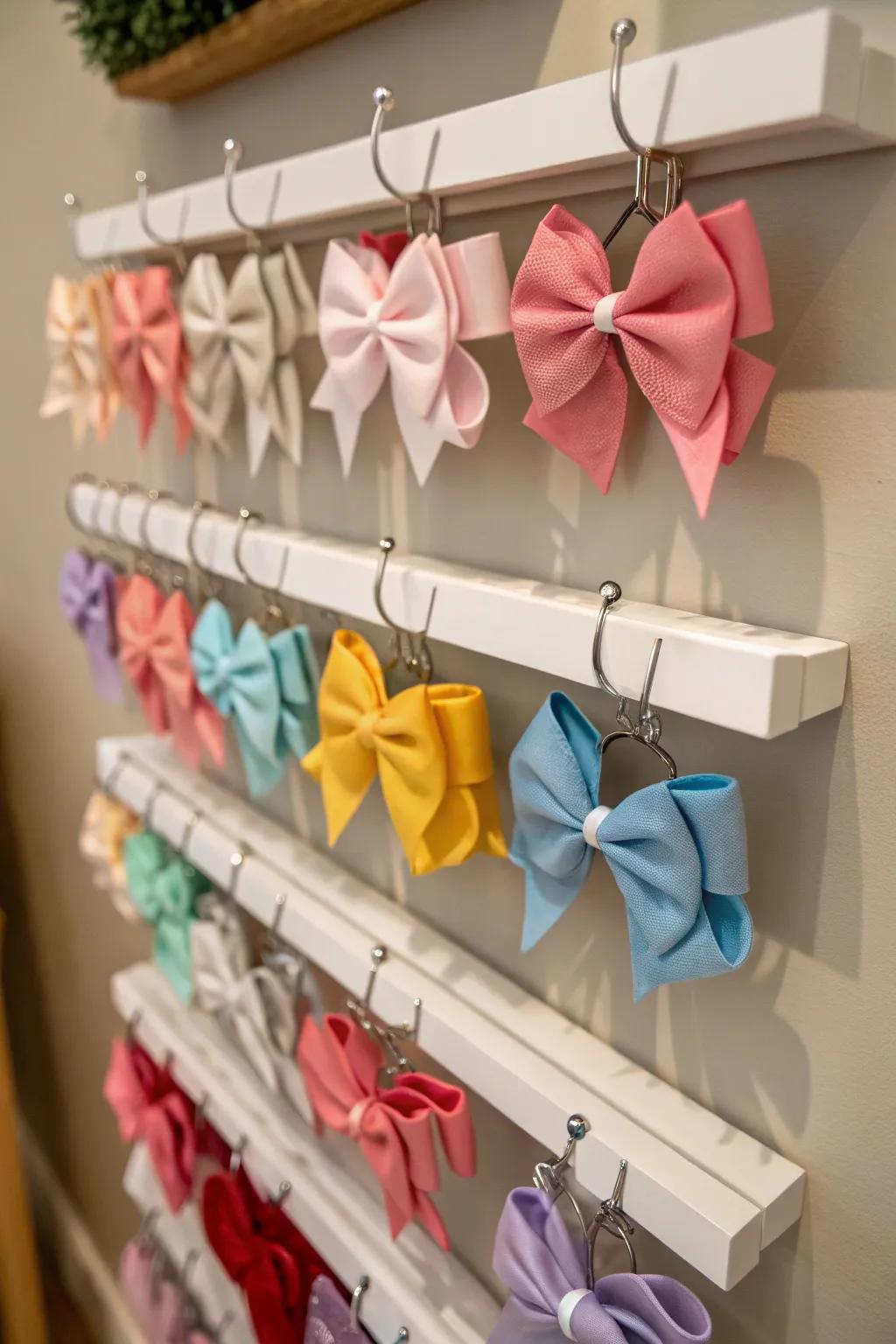 Baby bows are arranged on fashionable floating shelves with hooks.