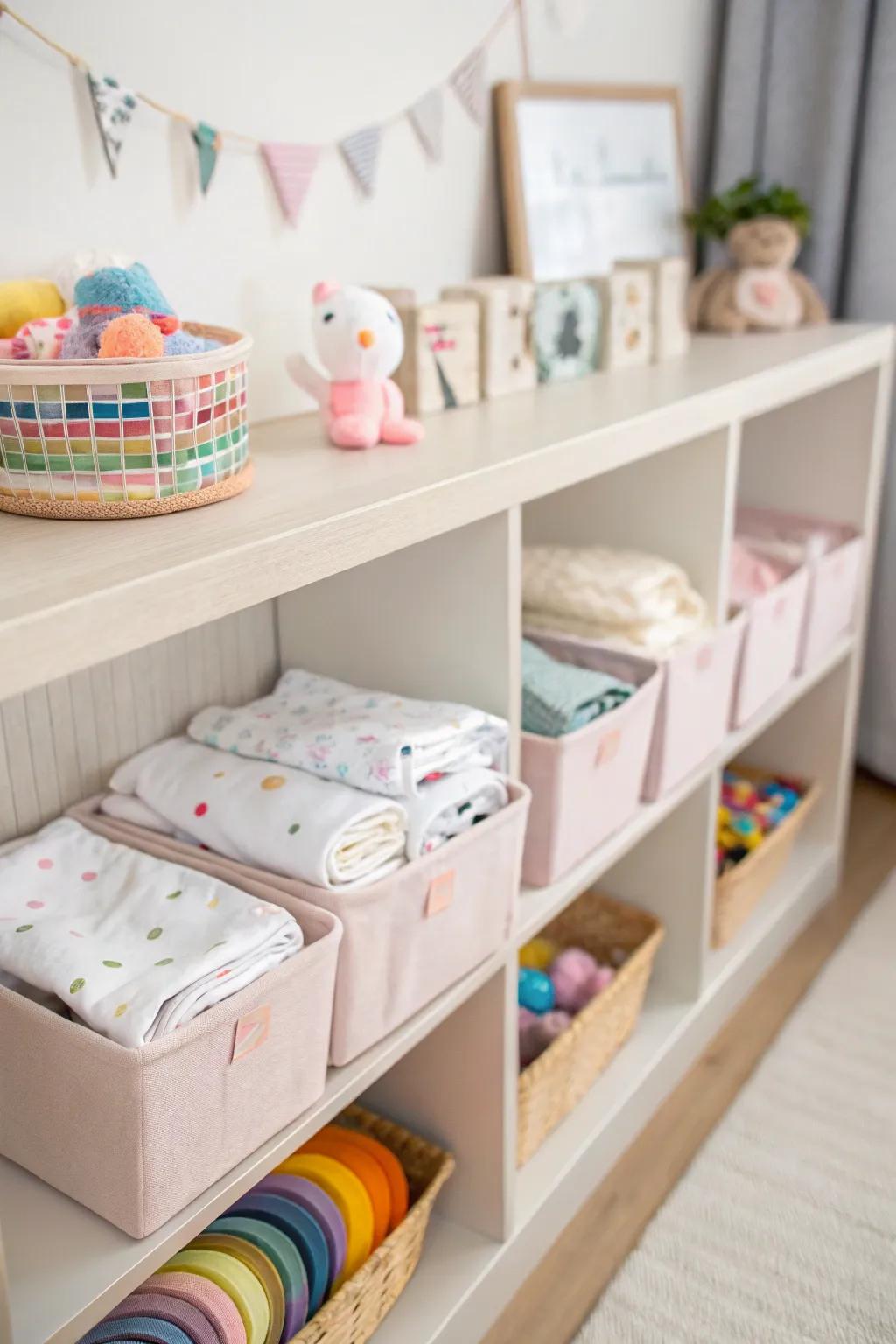 Fabric bins give you gentle and practical storage for baby items.