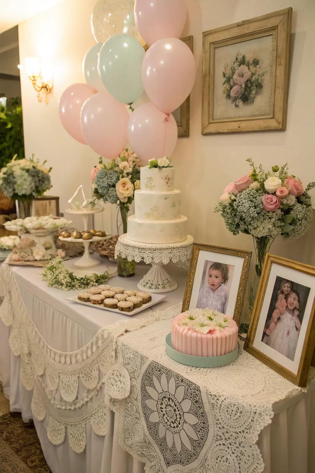 Vintage-inspired elements with lace cloths and antique frames add nostalgic charm.