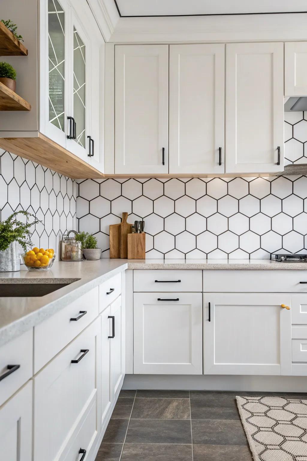 Hexagonal tiles introduce dimensionality and playfulness to this white kitchen.