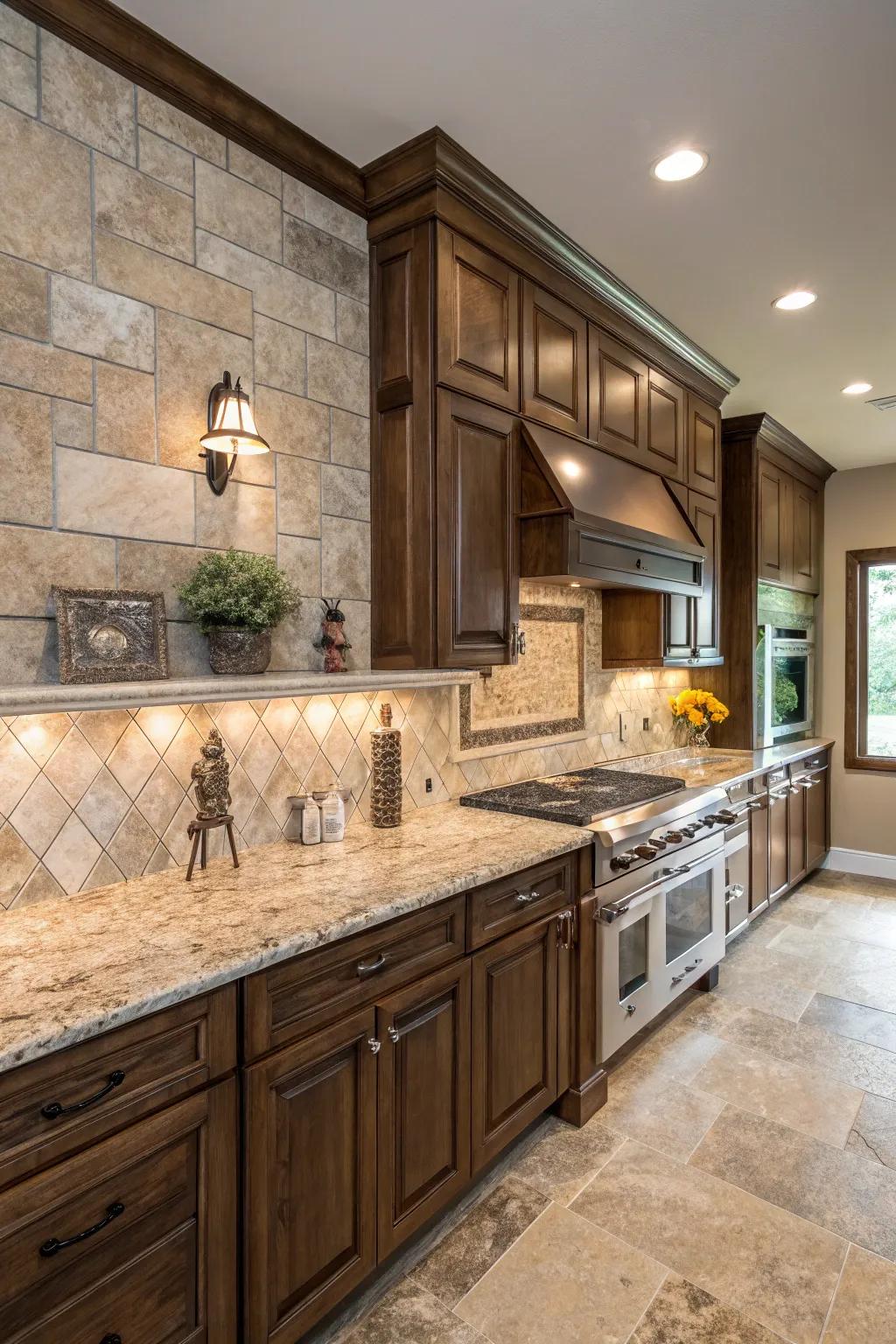 Raw stone tiles enhance the organic feel of fantasy brown granite.