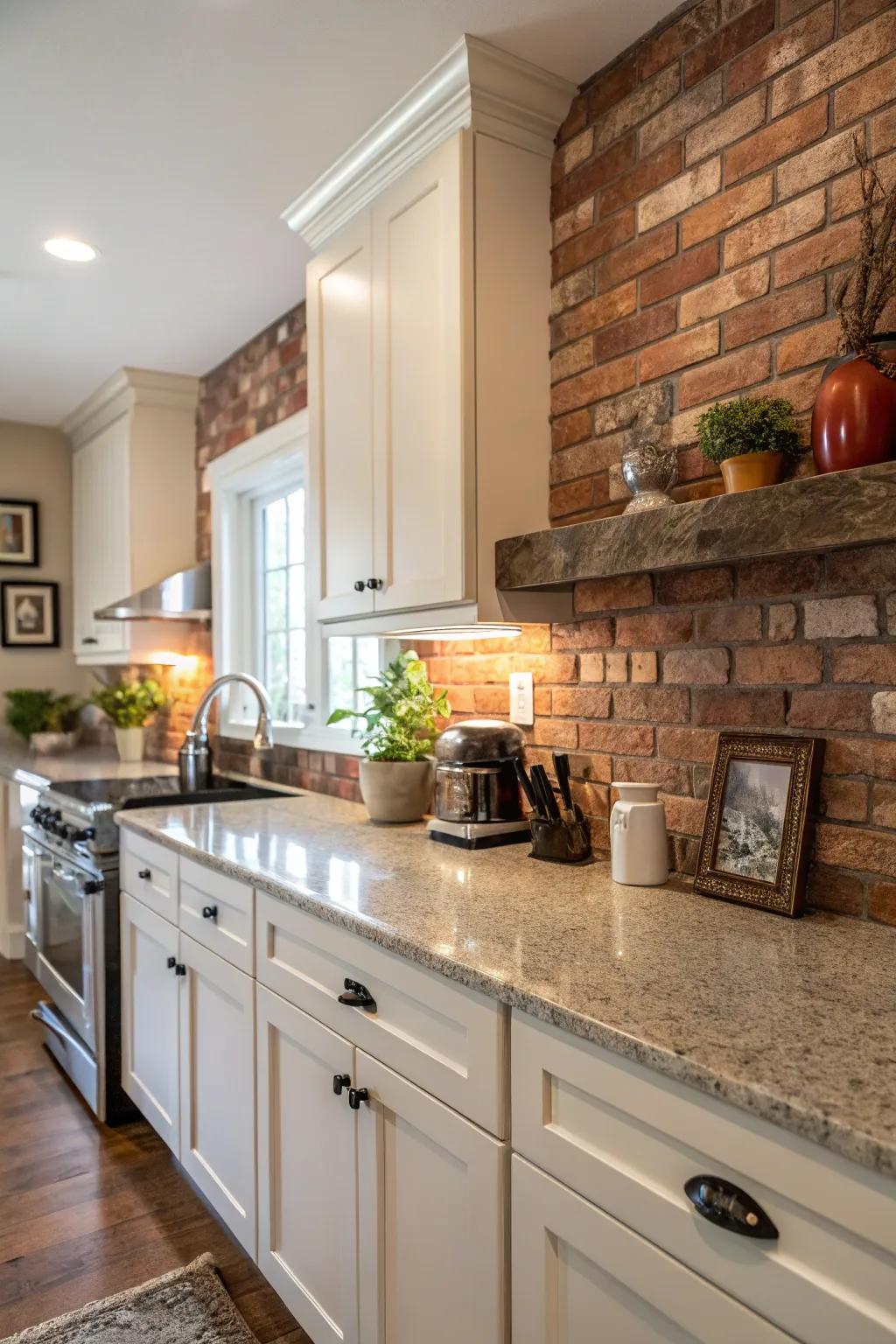 Granite worktops are given a rustic charm with a brick backsplash.