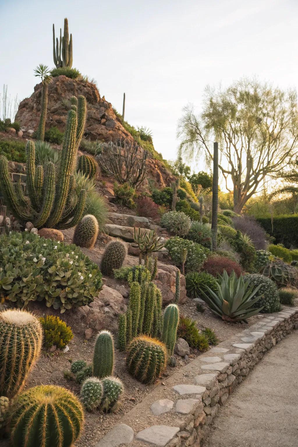 Cacti on a hill creating a layered and dimensional landscape.