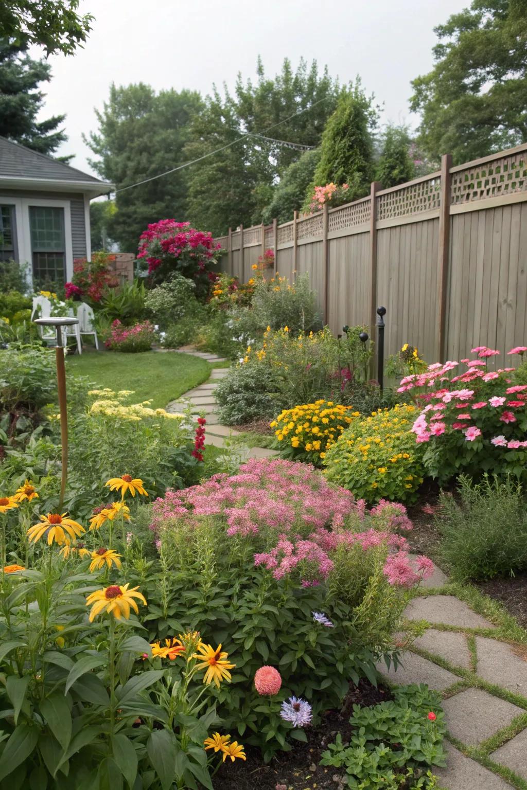 Blended perennials offer seasonal curiosity and seclusion.