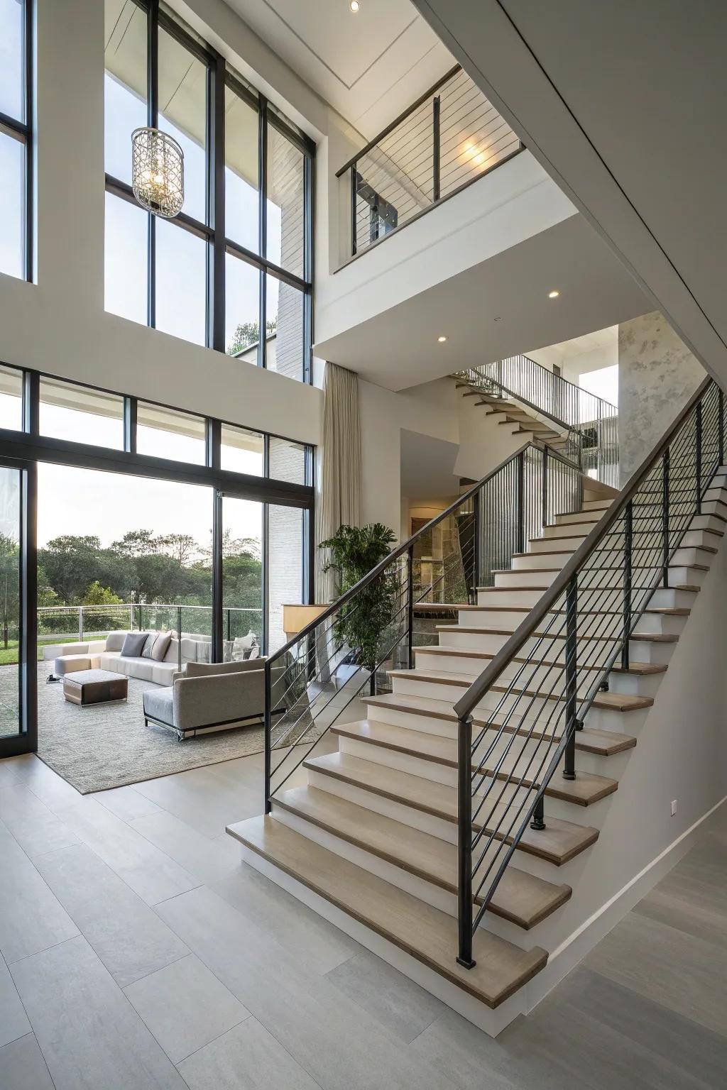 Modern sophistication through suspended staircase rails.