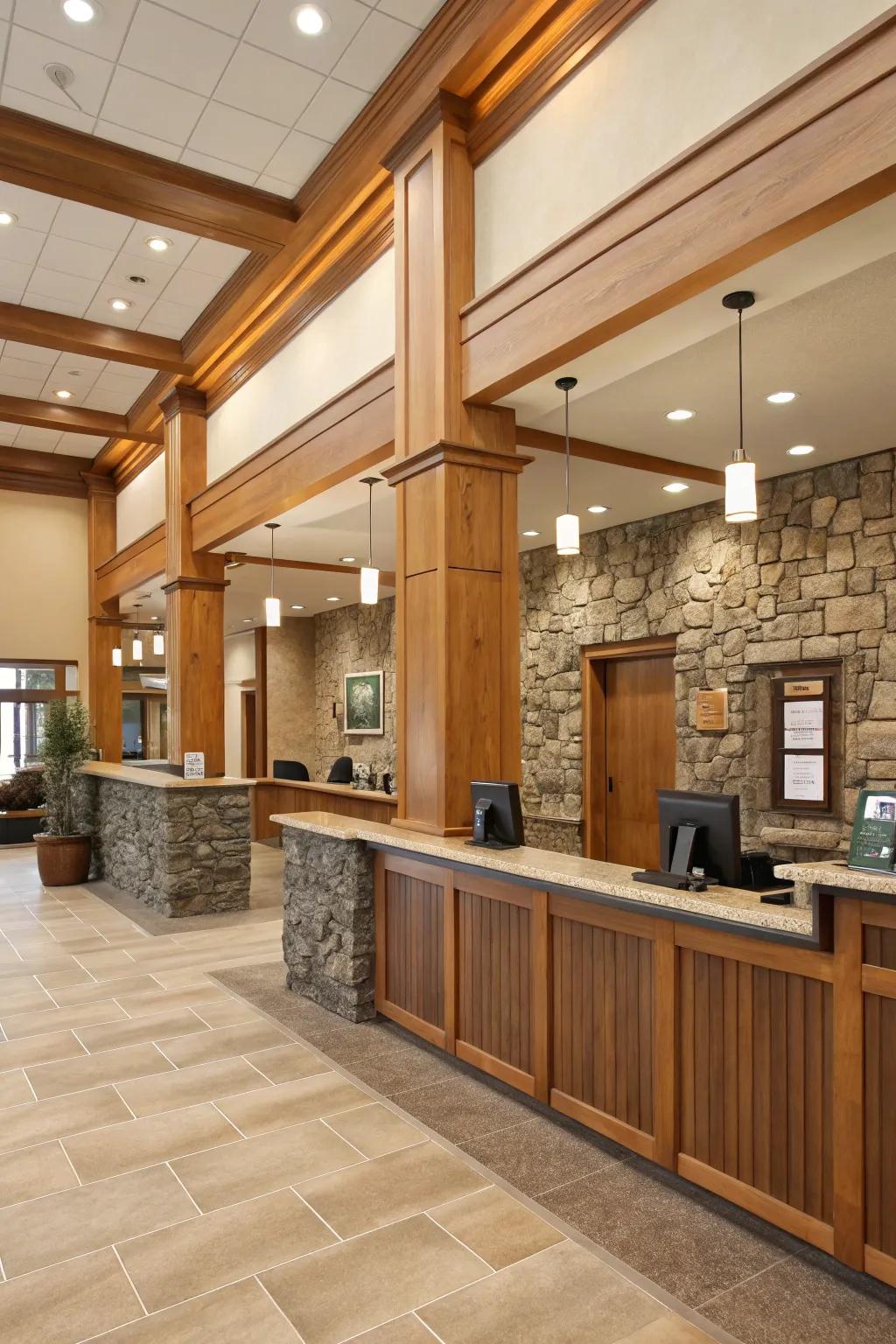 Natural details bring warmth and texture to the bank's design.
