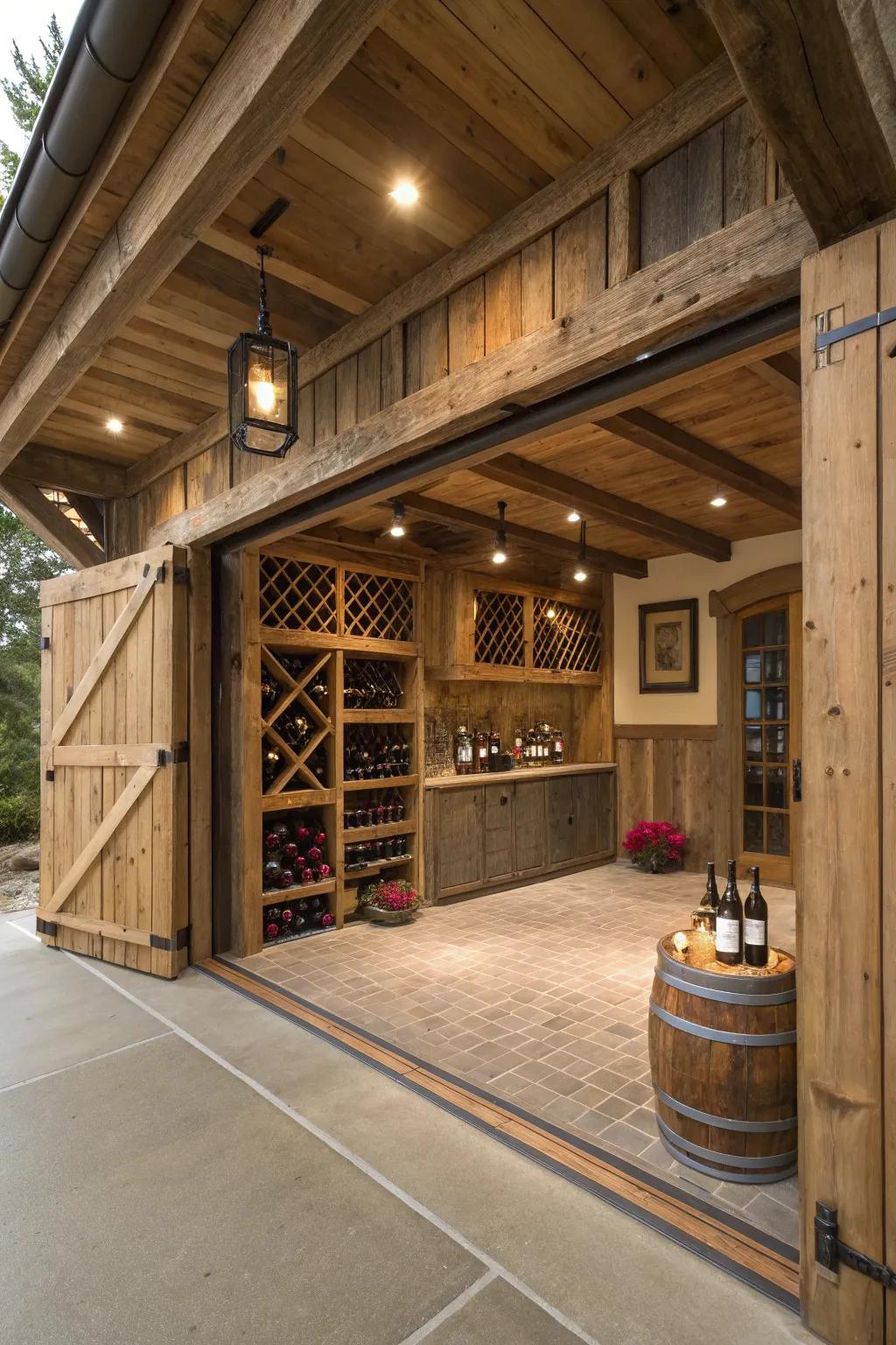 A wine basement spot adds richness and fun to this barn garage.