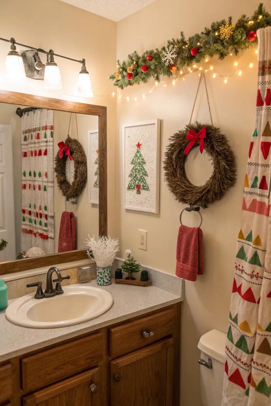 Handmade crafts contribute a personal and creative highlight to this celebratory bathroom.
