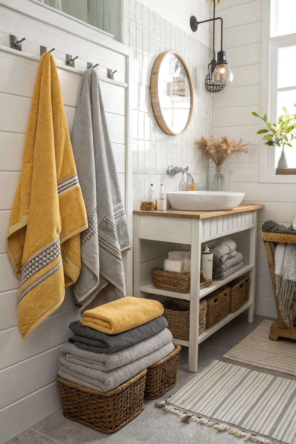 Saffron and stone towels offer warmth and depth.