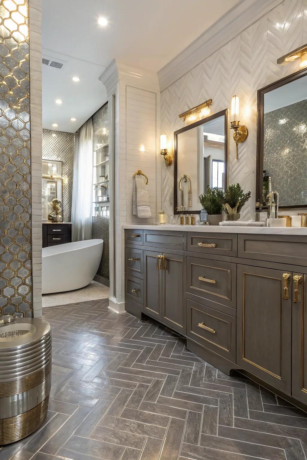 Metallic-accented <strong><em>plastic-based floors</em></strong> includes a touch of glamour to this luxurious restroom.” loading=”lazy” class=”pimg”>
	</picture><figcaption>Metallic-accented <strong><em>plastic-based floors</em></strong> includes a touch of glamour to this luxurious restroom.</figcaption></figure>
<p>Include a touch of glam with <strong><em>plastic-based floors</em></strong> that consists of metallic accents. It’s a luxurious method to make your restroom shine.</p>
<h3>Items that may come in handy:</h3>
<ul class=