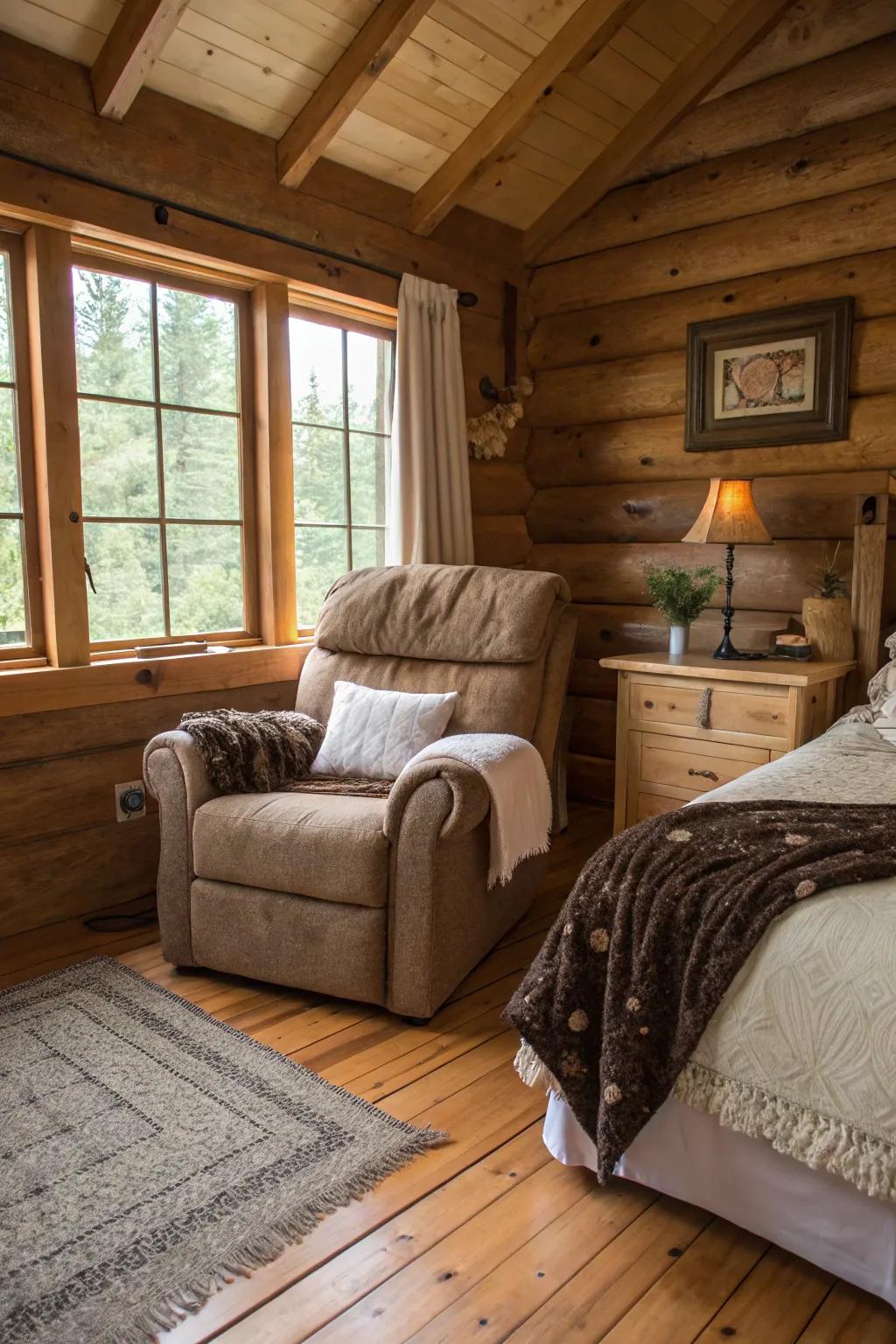 A rustic recliner in a bedroom, creating a cozy and inviting retreat.