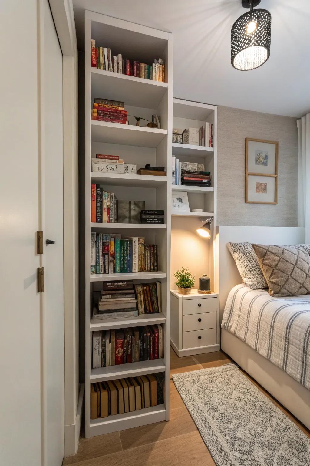 Tall shelves maximize the potential of vertical dimensions within compact bedrooms.